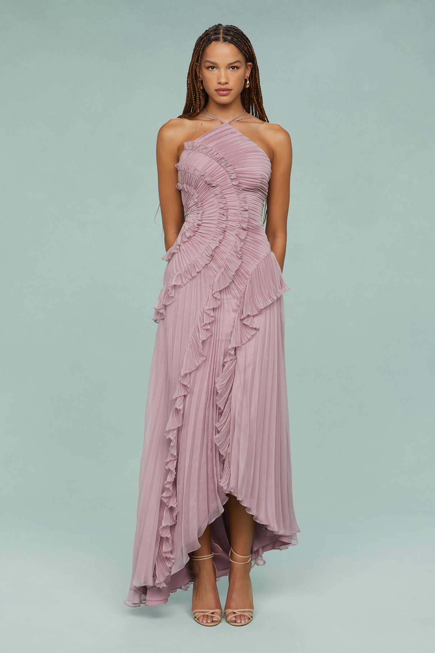 Women's Elegant Halter Long Dress Pleated Flowing Formal Casual Wedding Guest Garden Party – Estelle