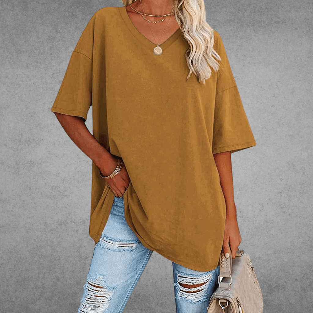 Women's Oversized V-Neck T-Shirt Casual Everyday Relaxed Fit Short Sleeve Comfortable Basic Tee – Kate