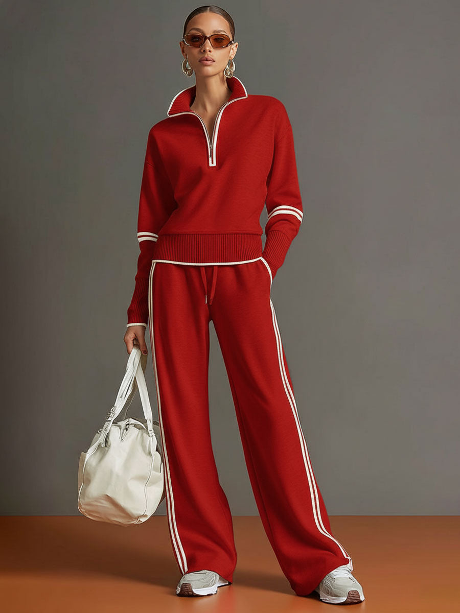 Women's Retro Sporty Two-Piece Set Half-Zip Sweatshirt Wide-Leg Pants Striped Webbing Casual – Grey White