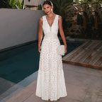 Women's V-Neck Laser Cut Floral Hollow-Out One-Piece Swimsuit & Long Skirt Set Beach Vacation Resort Pool Party Cruise Honeymoon – White