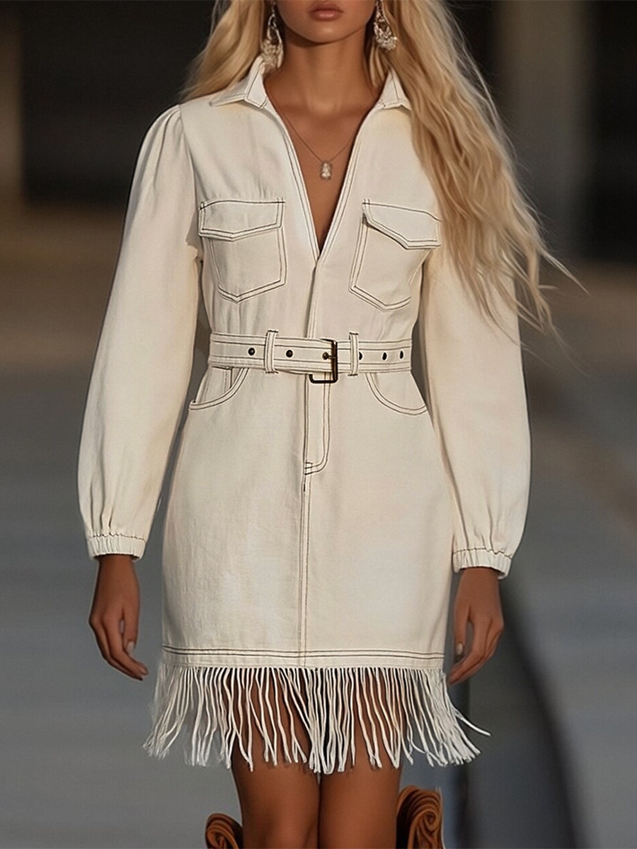Women's Retro High-End Denim Short Dress Tassel Splicing Belted Relaxed Fit Casual Party Cowgirl