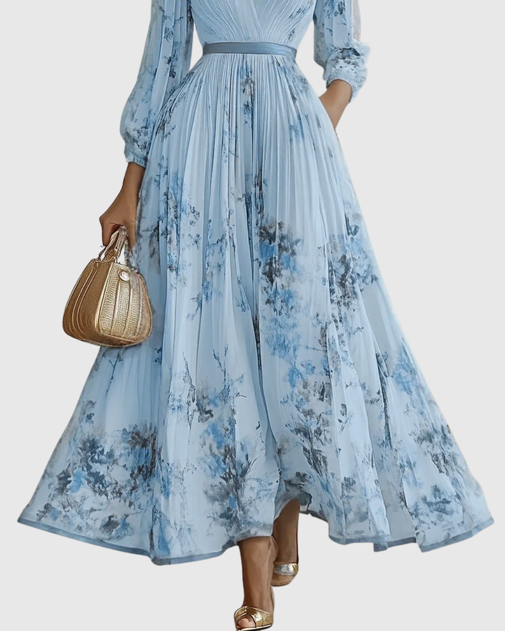 Women's Elegant Pleated Floral Long Dress V-Neck Long Sleeve Ribbon Waist Formal Casual – Rowella