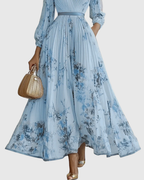 Women's Elegant Pleated Floral Long Dress V-Neck Long Sleeve Ribbon Waist Formal Casual – Rowella