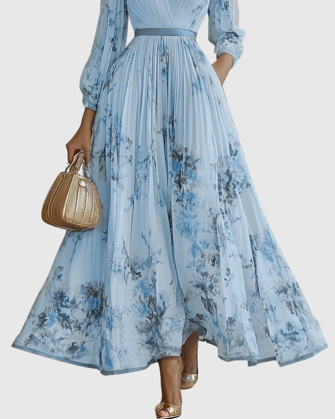 Women's Elegant Pleated Floral Long Dress V-Neck Long Sleeve Ribbon Waist Formal Casual – Rowella