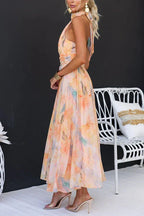 Women's Elegant Watercolour Halter Neck Long Dress Chiffon Floral Formal Wedding Guest Party Dress – Sandra Peach