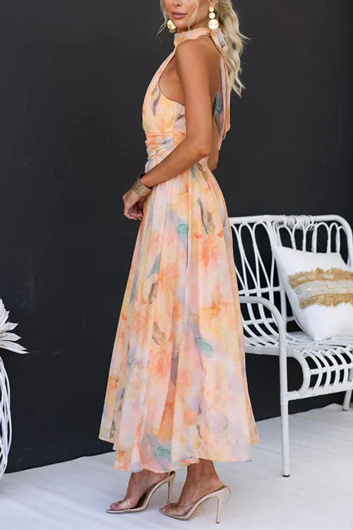 Women's Elegant Watercolour Halter Neck Long Dress Chiffon Floral Formal Wedding Guest Party Dress – Sandra Peach
