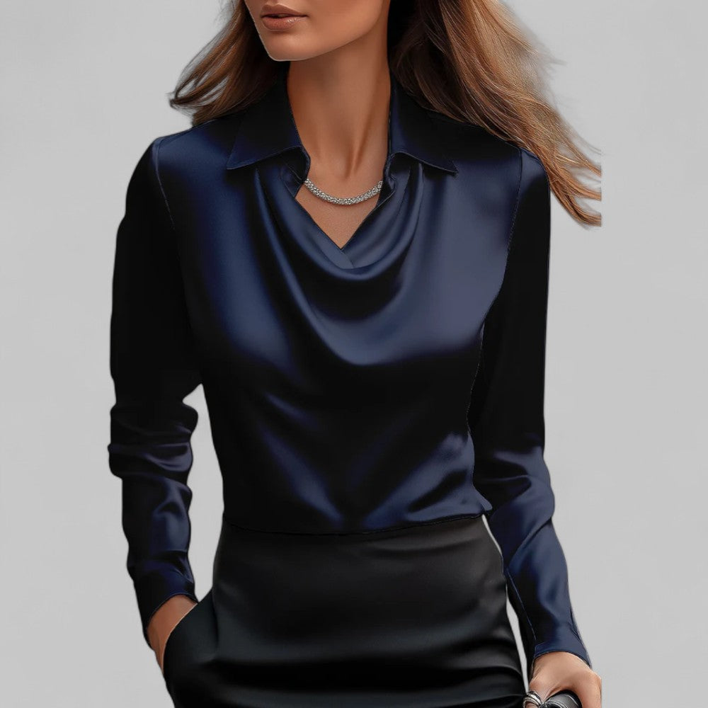 Women's Satin Draped Cowl Neck Long Sleeve Blouse Office Evening Elegant Silky Formal – Rose