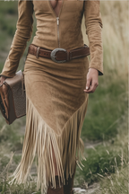 Women's Retro Western Cowgirl Midi Dress Lapel Zipper Tassel Detail Casual Vintage – Camel