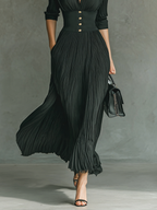 Women's Solid Color Pleated Maxi Dress Lapel Belted Waist Long Sleeve Elegant Casual – Black
