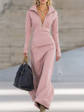 Women's Sporty V-Neck Zip Long Dress Long Sleeve Fitted Casual Formal Party Cowgirl Elegant