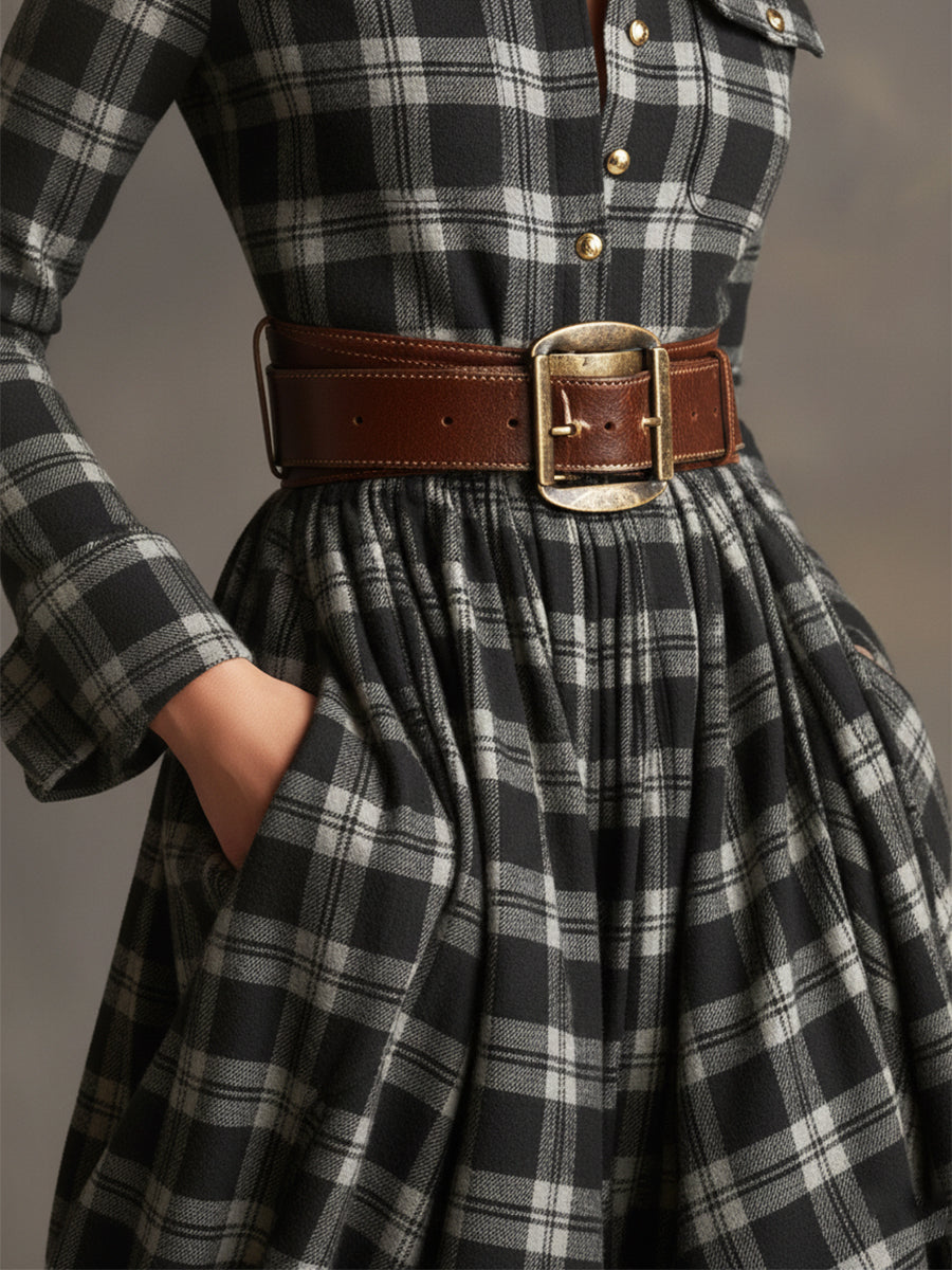 Women's Retro Ethnic Plaid Cowgirl Long Dress Lapel Belted Long Sleeve Casual Relaxed – Reddish Brown