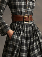 Women's Retro Ethnic Plaid Cowgirl Long Dress Lapel Belted Long Sleeve Casual Relaxed – Reddish Brown