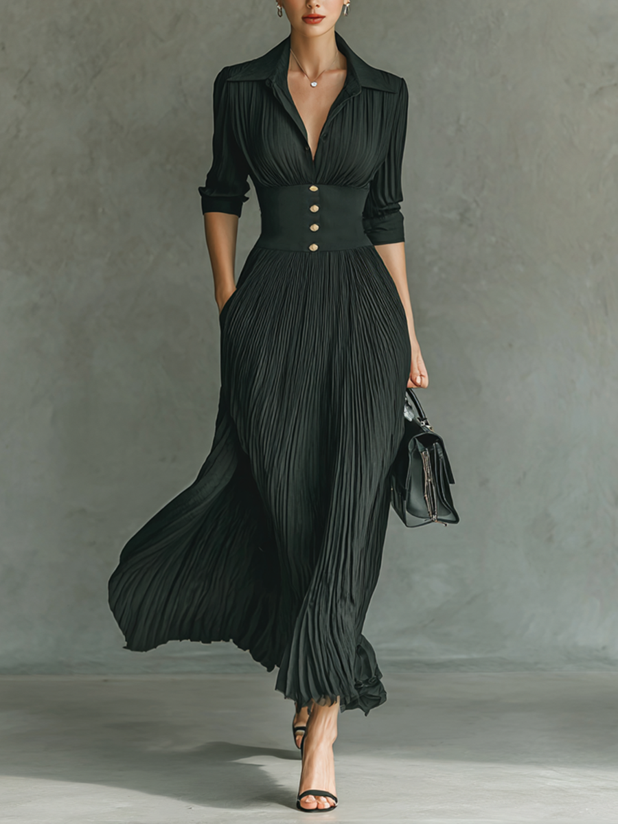 Women's Solid Color Pleated Maxi Dress Lapel Belted Waist Long Sleeve Elegant Casual – Black