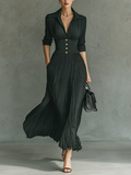 Women's Solid Color Pleated Maxi Dress Lapel Belted Waist Long Sleeve Elegant Casual – Black