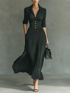 Women's Solid Color Pleated Maxi Dress Lapel Belted Waist Long Sleeve Elegant Casual – Black