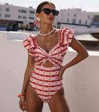 Women's Ruffle Cut-Out One-Piece Swimsuit & Long Skirt Set Red Striped Twist Front Beach Vacation Pool Party Summer Resort – Red & White
