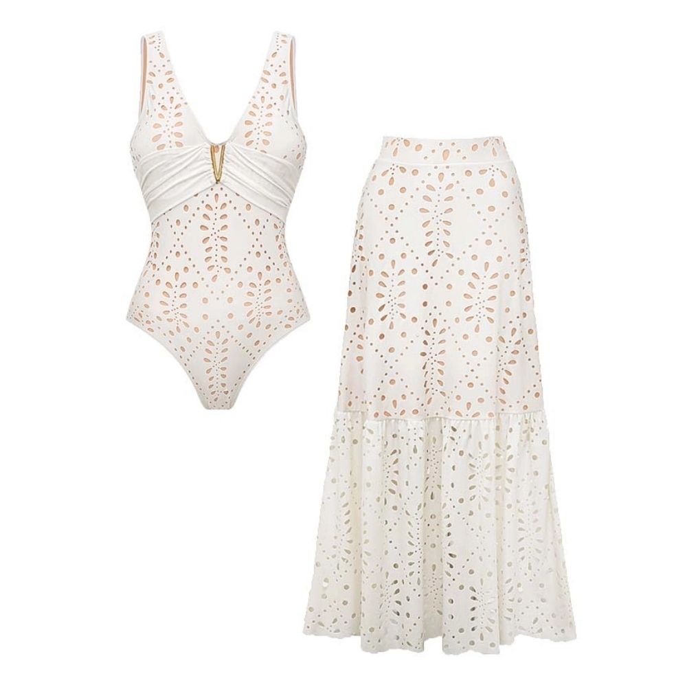 Women's V-Neck Laser Cut Floral Hollow-Out One-Piece Swimsuit & Long Skirt Set Beach Vacation Resort Pool Party Cruise Honeymoon – White