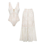 Women's V-Neck Laser Cut Floral Hollow-Out One-Piece Swimsuit & Long Skirt Set Beach Vacation Resort Pool Party Cruise Honeymoon – White