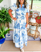 Women's Toile Midi Dress Smocked Waist Tiered Skirt Floral Spring Garden Casual Summer Elegant – Camille