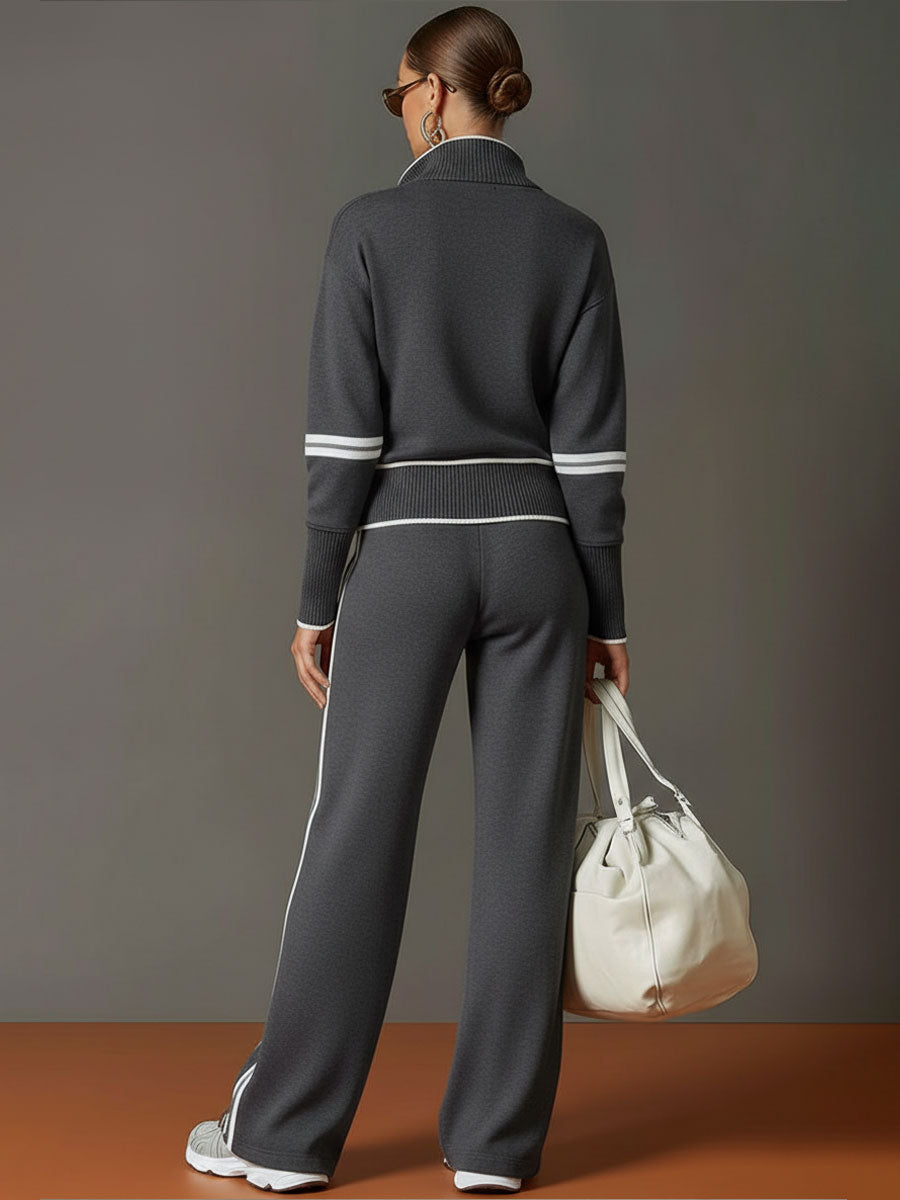 Women's Retro Sporty Two-Piece Set Half-Zip Sweatshirt Wide-Leg Pants Striped Webbing Casual – Grey White