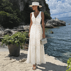 Women's V-Neck Laser Cut Floral Hollow-Out One-Piece Swimsuit & Long Skirt Set Beach Vacation Resort Pool Party Cruise Honeymoon – White