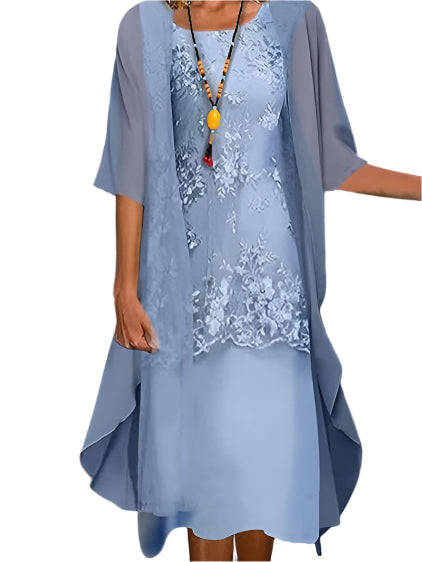 Women's Midi Wedding Guest Dress Sheer Fluid Sleeves Layered Silhouette Elegant Formal