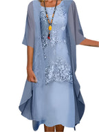 Women's Midi Wedding Guest Dress Sheer Fluid Sleeves Layered Silhouette Elegant Formal