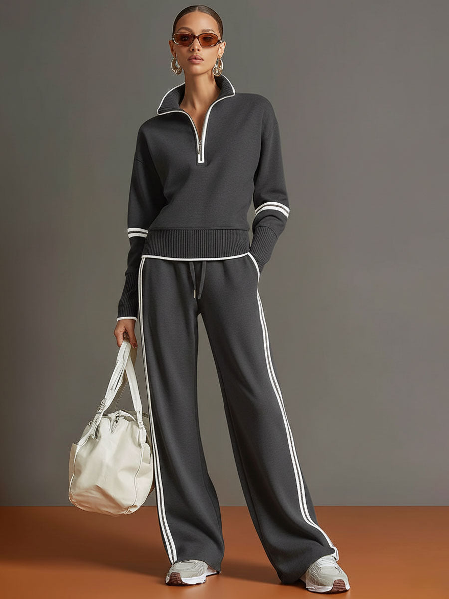 Women's Retro Sporty Two-Piece Set Half-Zip Sweatshirt Wide-Leg Pants Striped Webbing Casual – Grey White