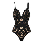 Women's Laser Cut Floral Hollow-Out One-Piece Swimsuit & Long Skirt Set V-Neck Beach Vacation Pool Party Resort Cruise – Black