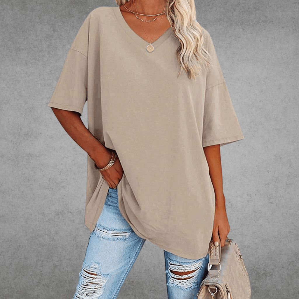 Women's Oversized V-Neck T-Shirt Casual Everyday Relaxed Fit Short Sleeve Comfortable Basic Tee – Kate