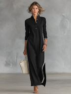 Women's Minimalist Casual Summer Long Dress Button-Down Collar White Trim Chic – Black