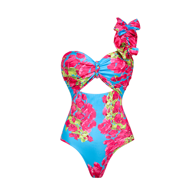 Women's Laser Cut Flower Hollow One-Piece Swimsuit with Cover Up Skirt V-Neck Elegant Beach Summer Swimwear – Navy Blue