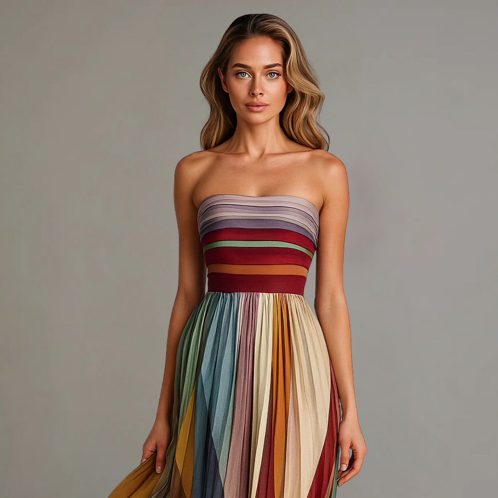 Women's Pleated Long Dress Striped Jewel Tones Strapless Formal Wedding Guest Summer Party – Judith