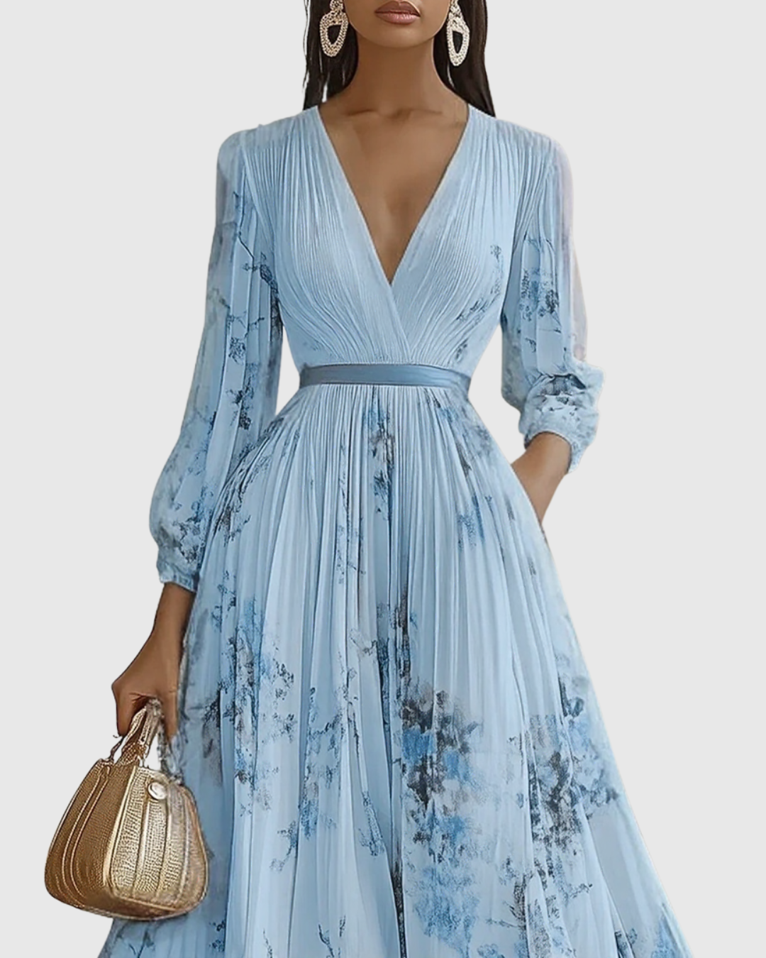 Women's Elegant Pleated Floral Long Dress V-Neck Long Sleeve Ribbon Waist Formal Casual – Rowella