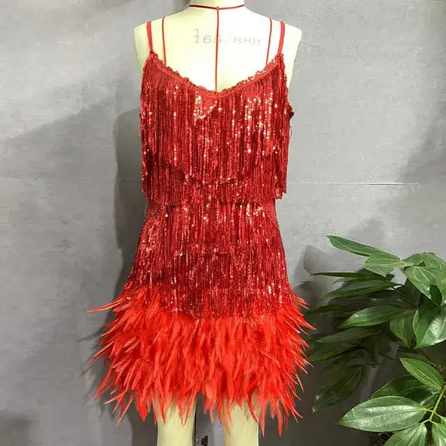 Pink Feather Sequin Mini Elegant Dress Spaghetti Straps Glam Cocktail Night Out Party Dress