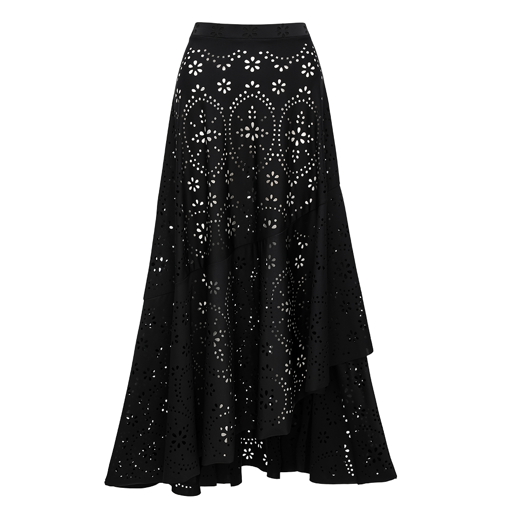 Women's Black Laser Cut Hollow-Out One-Piece Swimsuit & Long Skirt Set Scalloped V-Neck Beach Vacation Resort Pool Party Cruise – Black
