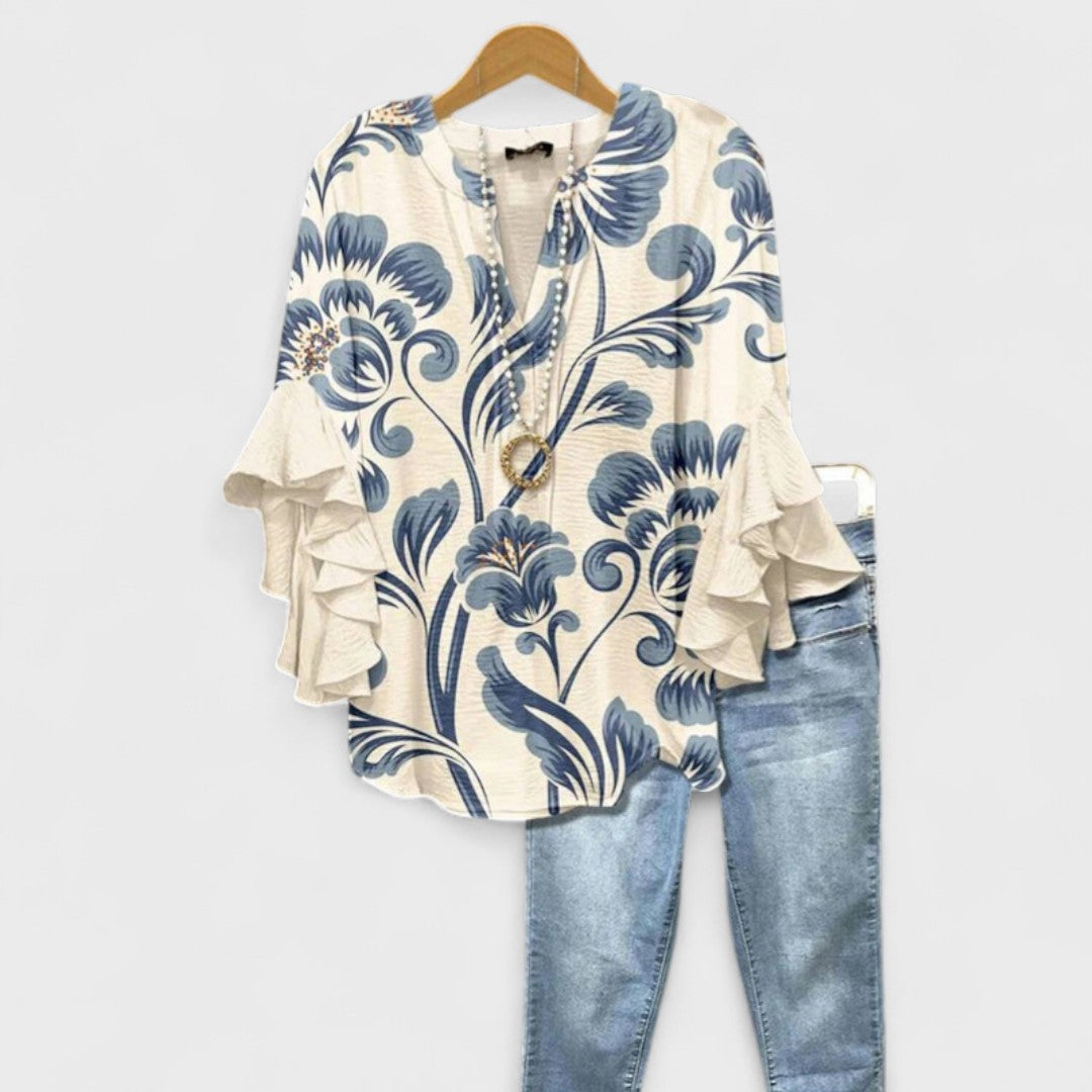 Women's Lightweight Floral Print Blouse Ruffle Bell Sleeve V-Neck Casual Elegant Everyday Top – Kay