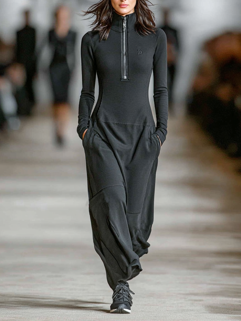 Women's Sports Cotton Blend Long Dress Half-High Collar Zipper Loose Fit Casual Athleisure – Black