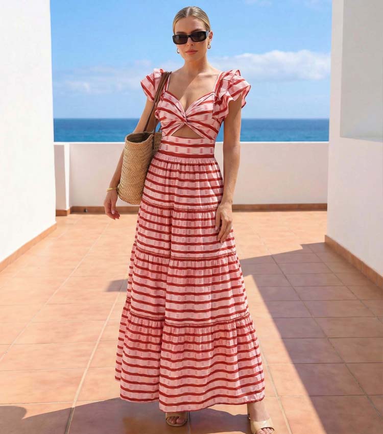 Women's Ruffle Cut-Out One-Piece Swimsuit & Long Skirt Set Red Striped Twist Front Beach Vacation Pool Party Summer Resort – Red & White