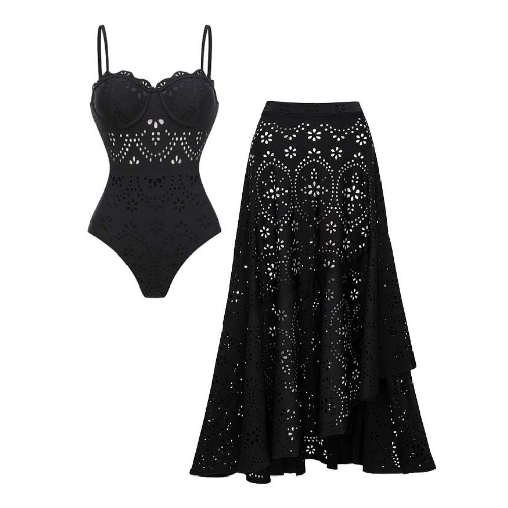 Women's Black Laser Cut Hollow-Out One-Piece Swimsuit & Long Skirt Set Scalloped V-Neck Beach Vacation Resort Pool Party Cruise – Black
