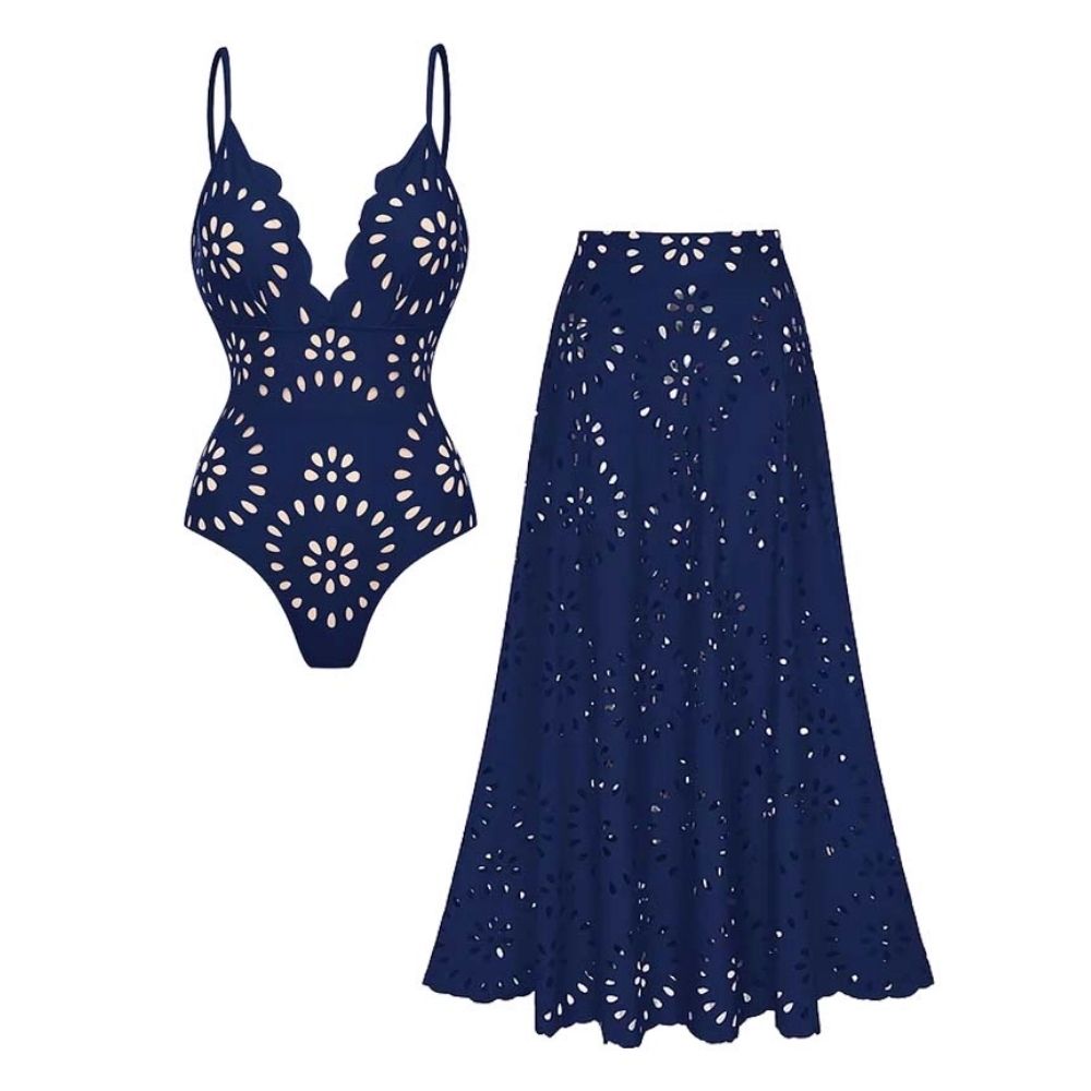 Women's Laser Cut Flower Hollow One-Piece Swimsuit with Cover Up Skirt V-Neck Elegant Beach Summer Swimwear – Navy Blue