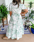 Women's Toile Midi Dress Smocked Waist Tiered Skirt Floral Spring Garden Casual Summer Elegant – Camille