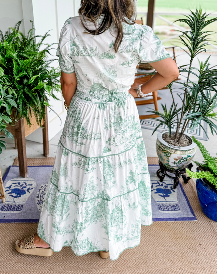Women's Toile Midi Dress Smocked Waist Tiered Skirt Floral Spring Garden Casual Summer Elegant – Camille