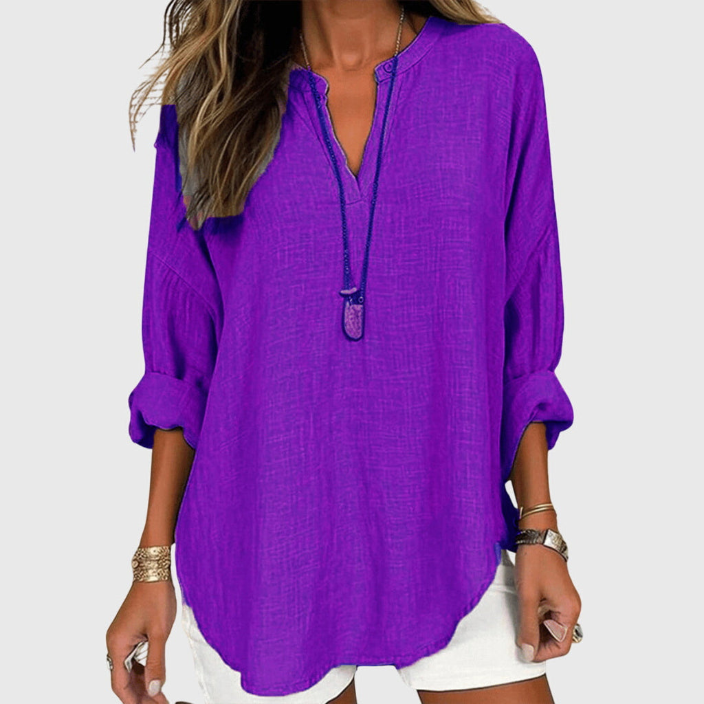 Women's Flowy Elegant Beach Shirt V-Neck Long Sleeve Relaxed Fit Casual Summer – Lenara