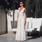Women's V-Neck Laser Cut Floral Hollow-Out One-Piece Swimsuit & Long Skirt Set Beach Vacation Resort Pool Party Cruise Honeymoon – White