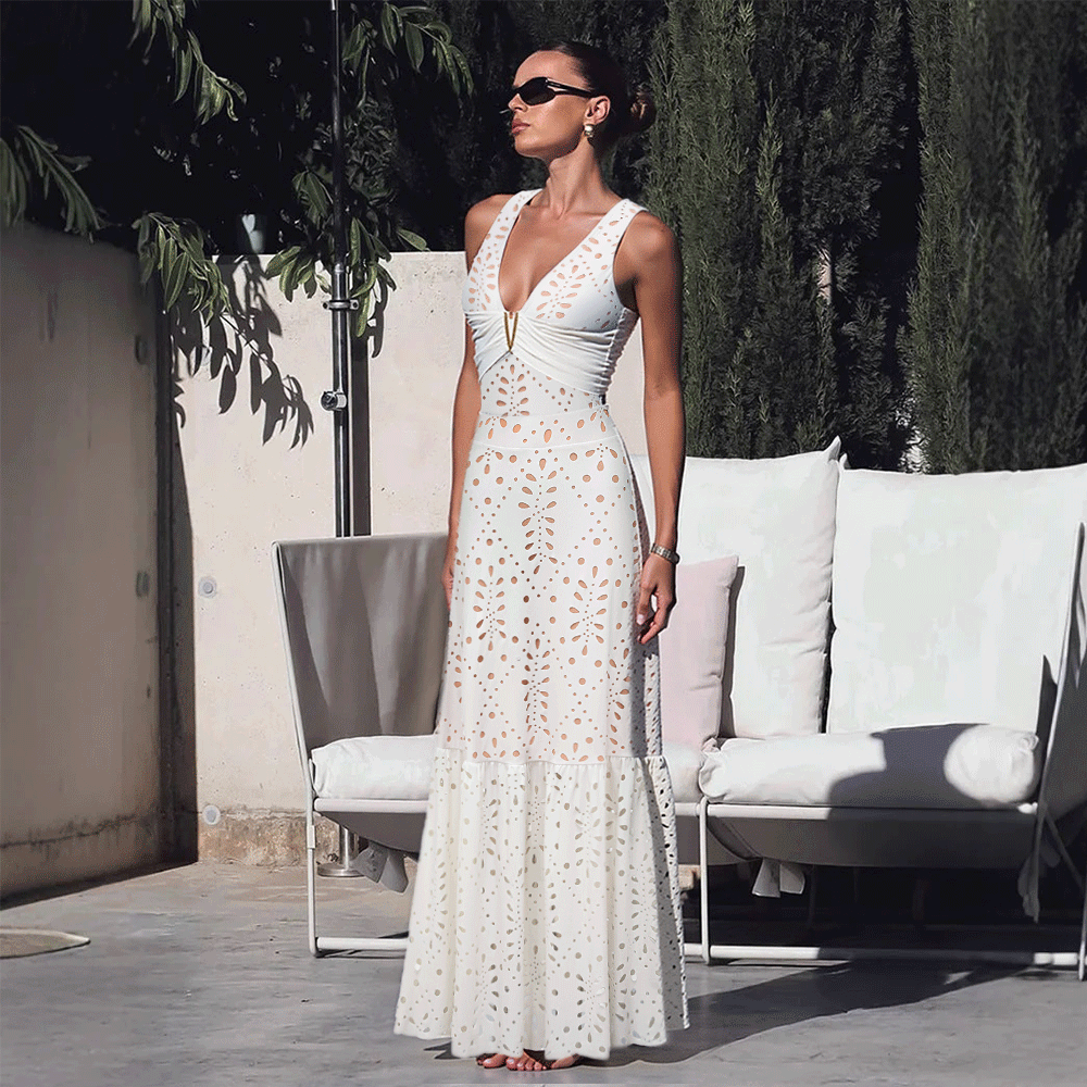 Women's V-Neck Laser Cut Floral Hollow-Out One-Piece Swimsuit & Long Skirt Set Beach Vacation Resort Pool Party Cruise Honeymoon – White