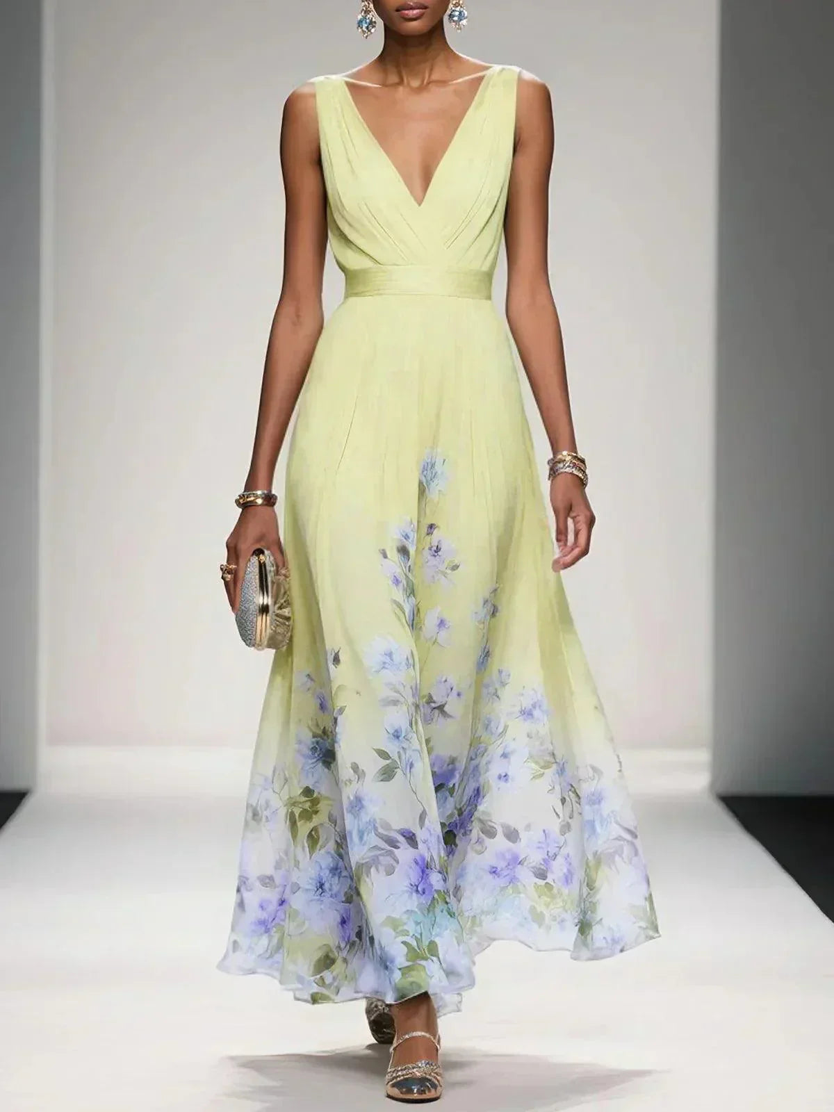 Women's Floral Long Wedding Guest Dress Fluid Feminine Romantic Elegant Ceremony Gown