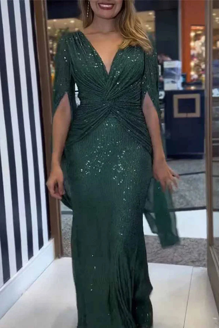 Women's Sequin V-Neck Long Sleeve Maxi Dress A-Line Formal Prom Gala Wedding Guest Evening Red Carpet – Seraphina