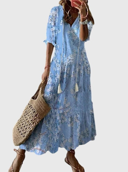 Women's Boho Vintage Summer Midi Dress Floral Print Short Sleeve Casual Feminine Chic – Amalia