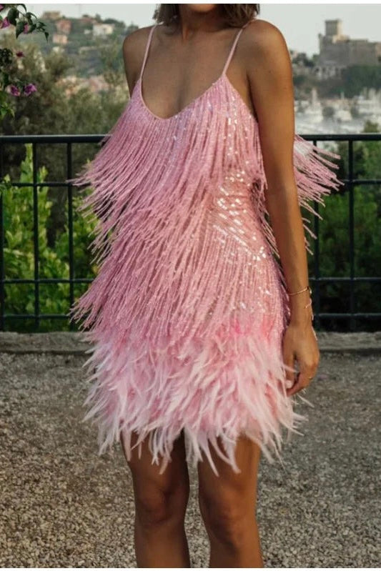 Pink Feather Sequin Mini Elegant Dress Spaghetti Straps Glam Cocktail Night Out Party Dress